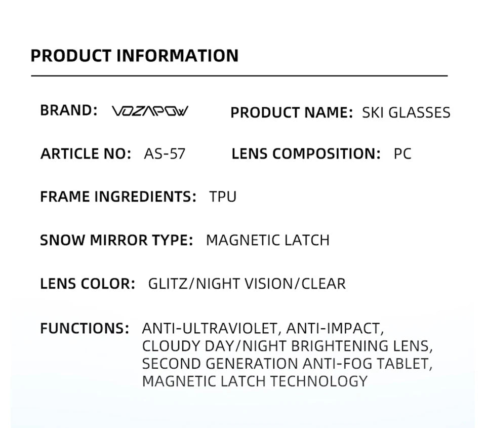Vozapow Ski Goggles Magnetic Double Layer Anti Fog Professional Skiing Mask Men Women Super View Snowboard UV400 Snow Sunglasses