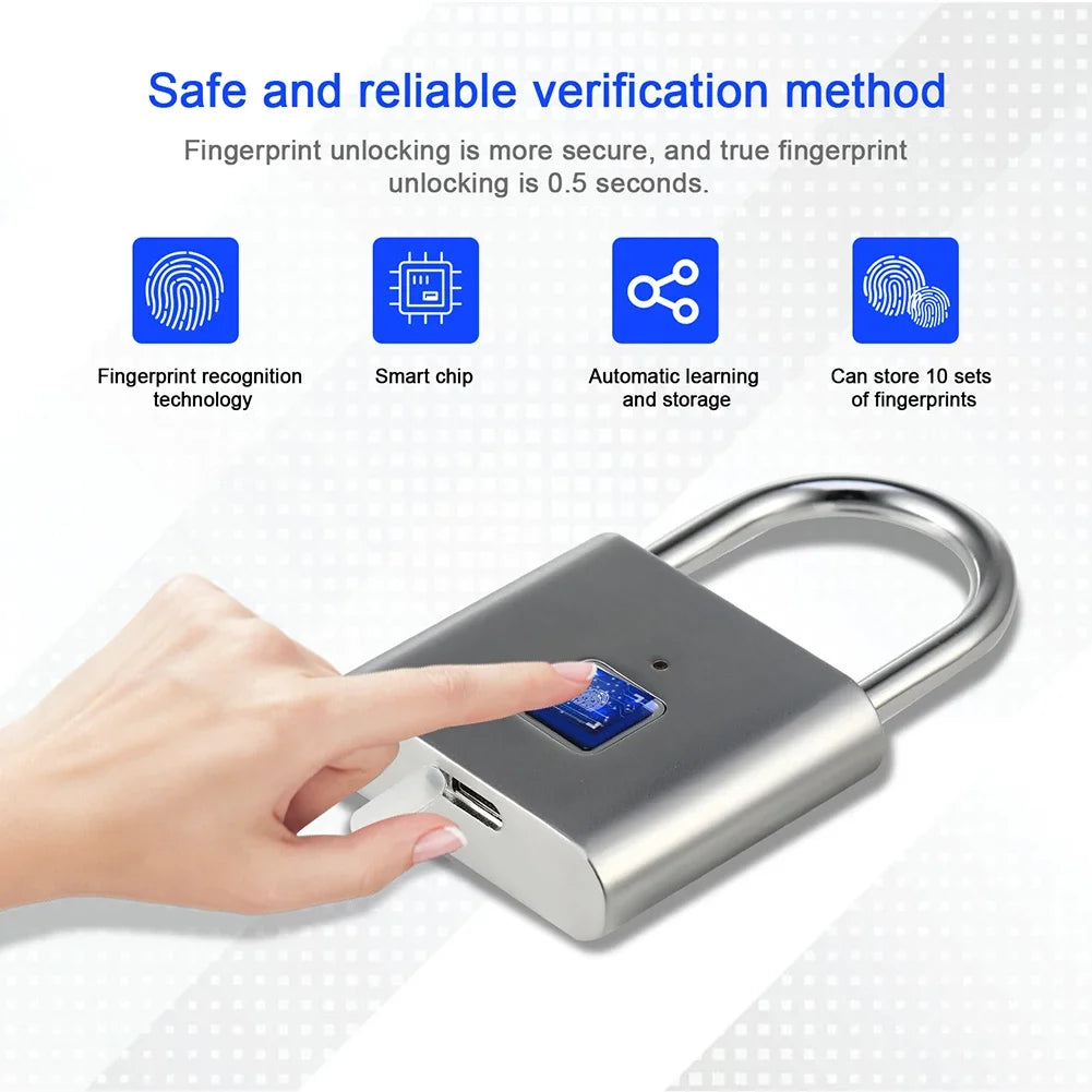 1PC Electronic Semiconductor Fingerprint Lock Smart Door Lock Rechargeable Security Padlock for Dormitory Home