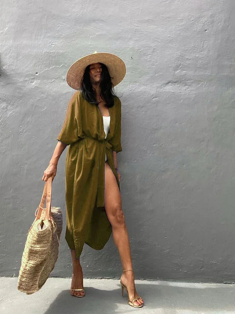 New Boho Beach Kimono Swimwear Women Cotton Holiday Summer Women's Tunic Beachwear Outfits Solid Oversize Cover-Ups