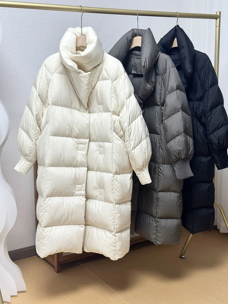 Schinteon Women White Duck Down Long Jacket Autumn Winter Warm Casual Over Size Loose Outwear Soft Comfortable Fashion Coat New