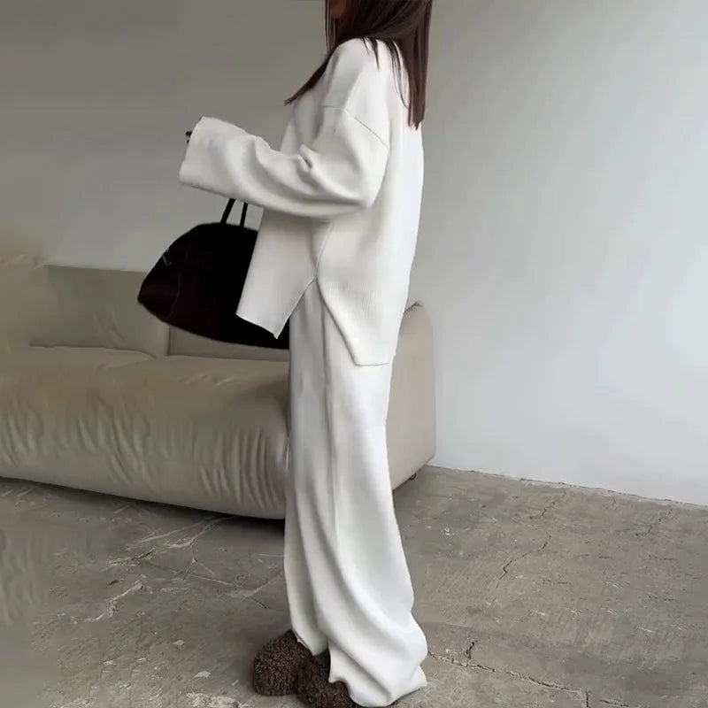 2025 Solid Color Knitted Sweater Two Piece Set Women Fashion Loose O Neck Knitting Pullover Trousers Sets Female Simple Style