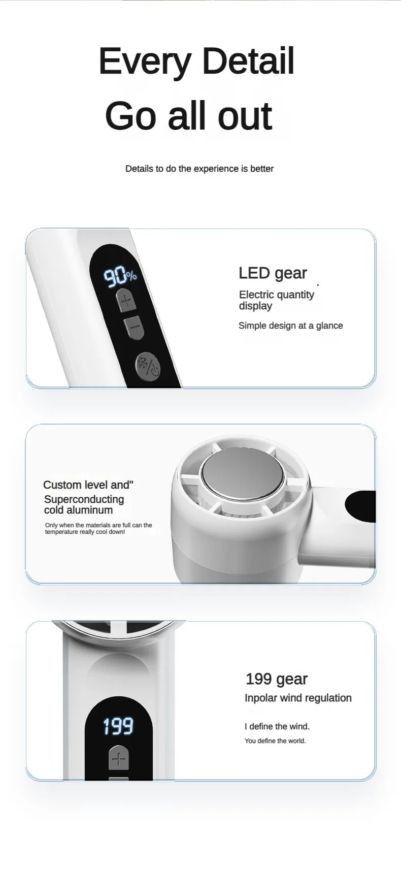Handheld Portable Fan 199-Speed Desktop Fan USB Rechargeable Cooling Refrigeration Fan LED Display For Home Office Travel 