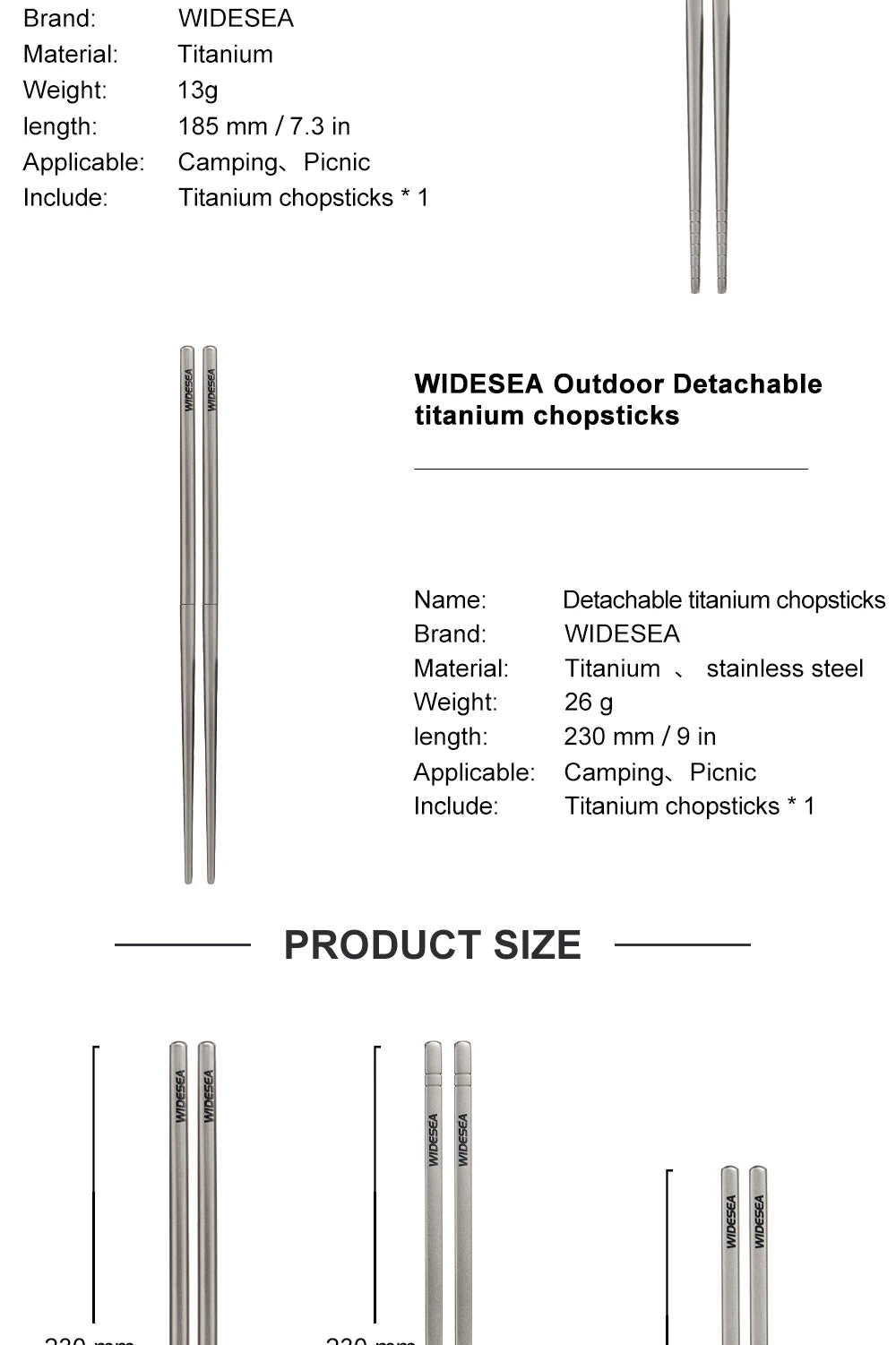 Widesea Camping Titanium Chopsticks Tableware Detachable Chopsticks Hiking Traveling Picnic Equipment Supplies Dinnerware