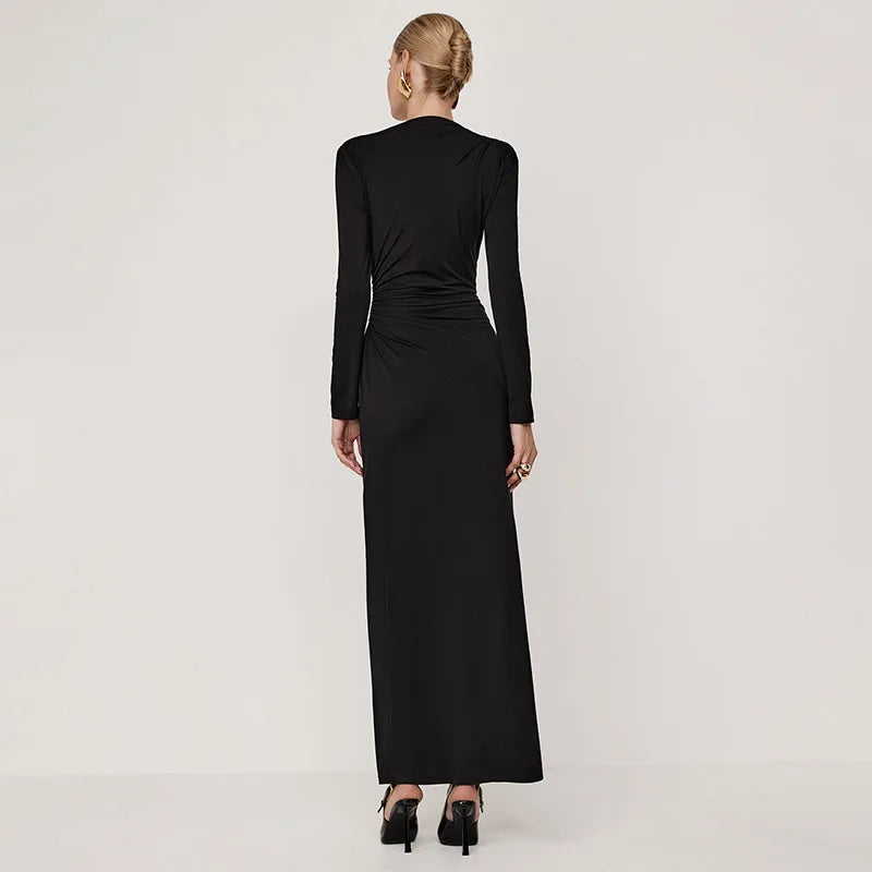 Tossy Pleated Slim Fashion Maxi Dress For Women Elegant High Waist Long Sleeve Bandage Autumn Dress Ladies Patchwork Long Dress