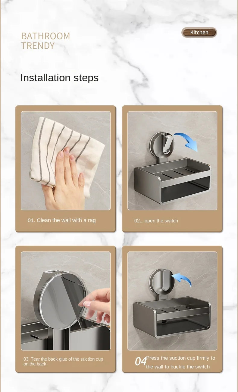 No-Drill Bathroom Soap Holder - Suction Cup Wall Mount Organizer Double Drainage, Holds Soap & Sponge, Space-Saving Storage Rack