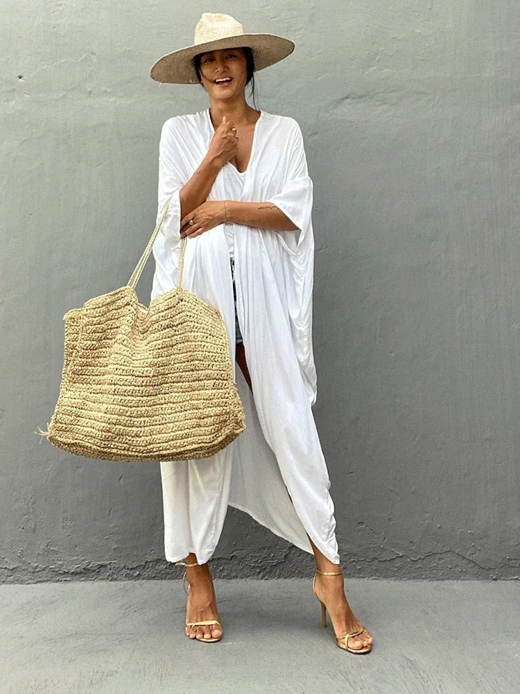 New Boho Beach Kimono Swimwear Women Cotton Holiday Summer Women's Tunic Beachwear Outfits Solid Oversize Cover-Ups