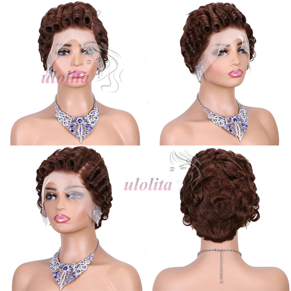 Pixie Cut Wig Short Curly Lace Front Human Hair Wigs For Black Women Raw Indian Finger Wave 13x4 Transparent Lace Frontal Wigs
