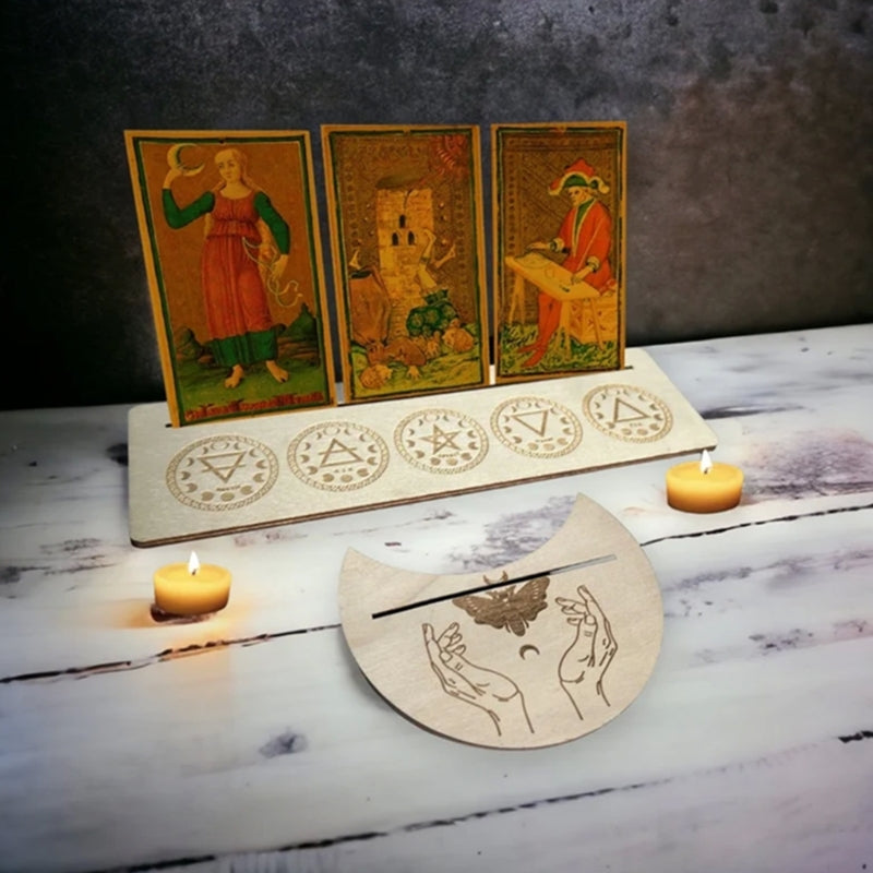 Wooden Tarot Card Stand Holder Moon Phases Altar Base Moon Shape And Rectangle Cards Holder For Witch Divination Tools