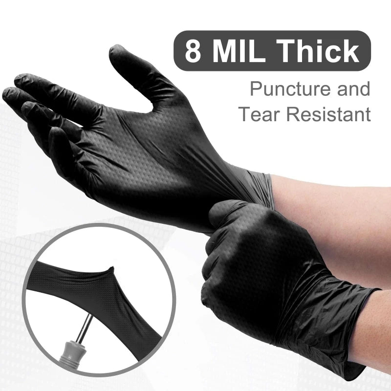 10/30/50PCS Heavy Duty Black Nitrile Gloves Disposable 8mil Industrial Raised Diamond Texture Gloves Mechanic Safety Work Gloves