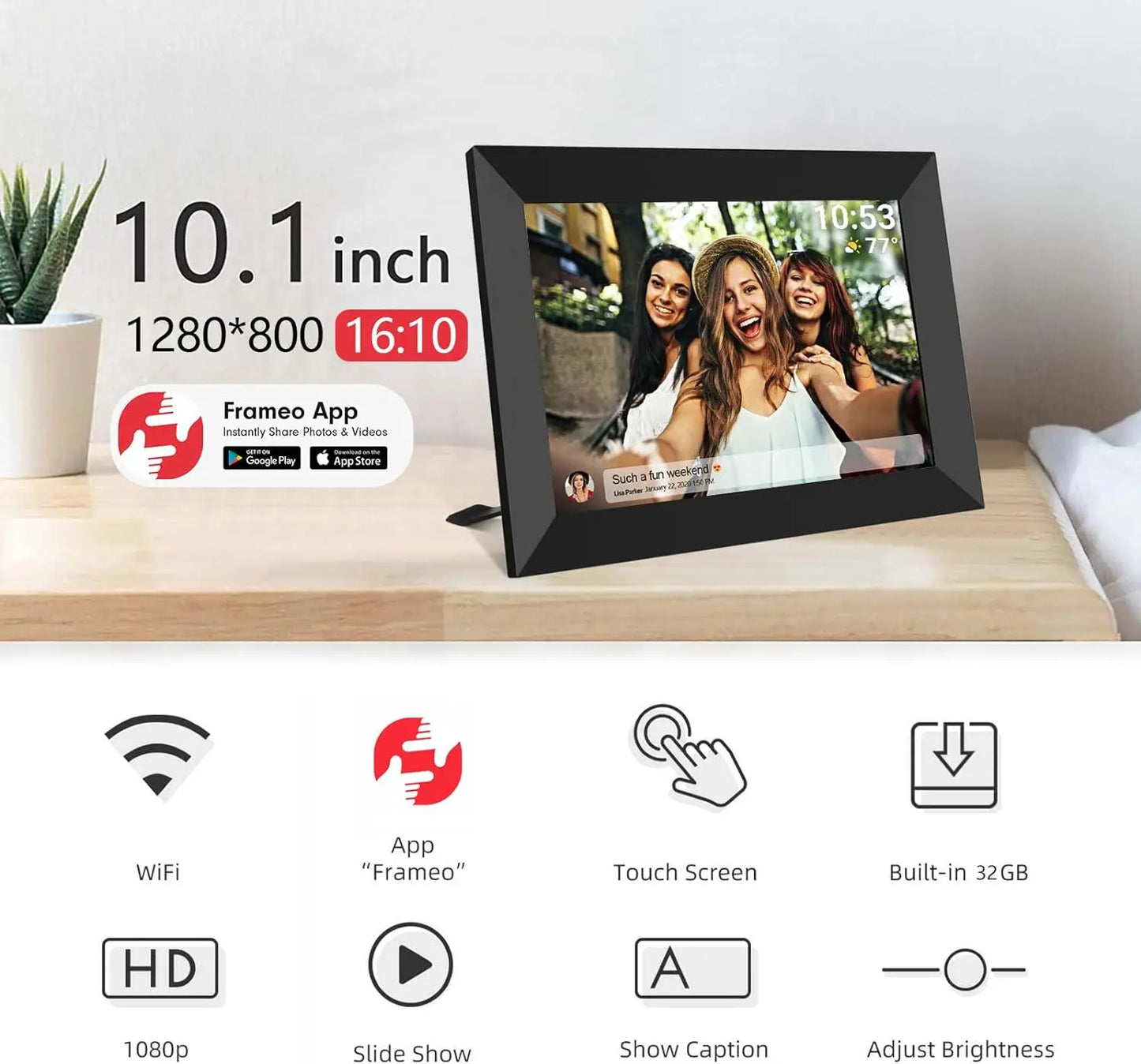 32GB FRAMEO 10.1 Inch Smart WiFi Digital Photo Frame 1280x800 IPS LCD Touch Screen,Best Christmas gift for friends and family