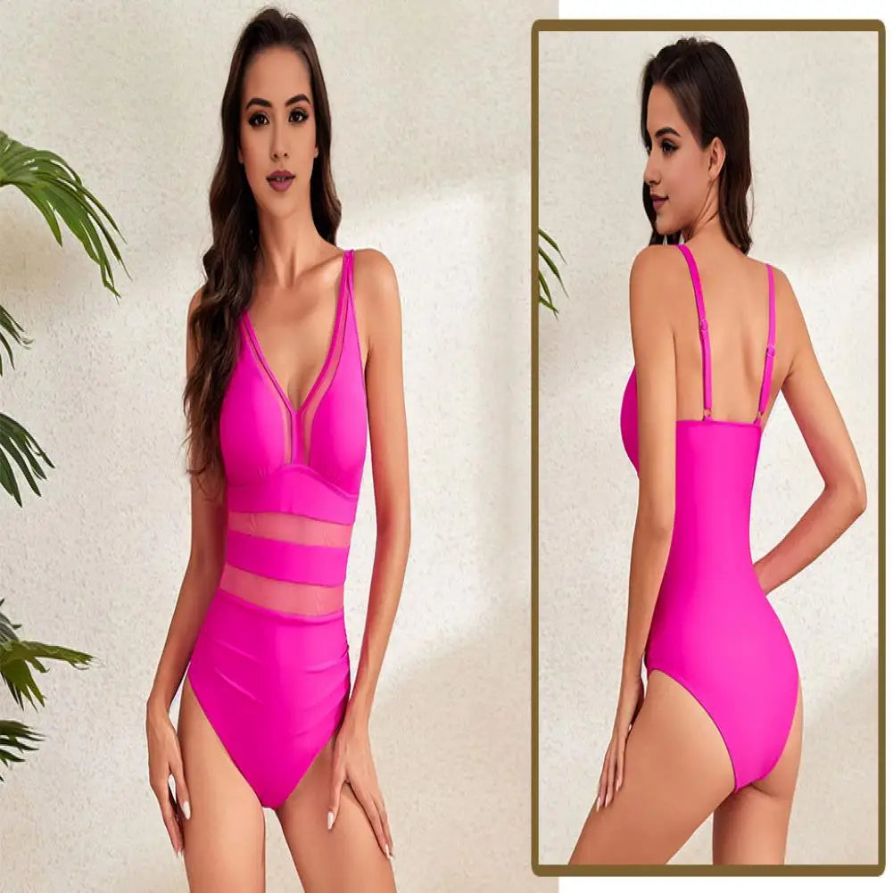 Hollow Mesh Splicing Monokini Swimsuit Stylish Women's Mesh Splicing One-piece Swimsuit Tummy Control V-neck Monokinis Beachwear