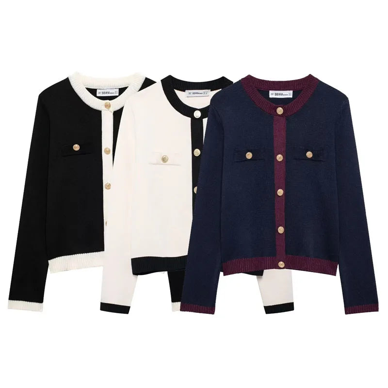 TRAFZA Autumn Fashion Women Sweater Coats Solid O-Neck Long Sleeves Pockets Buttons Single Breasted Female Casual Knitted Coat