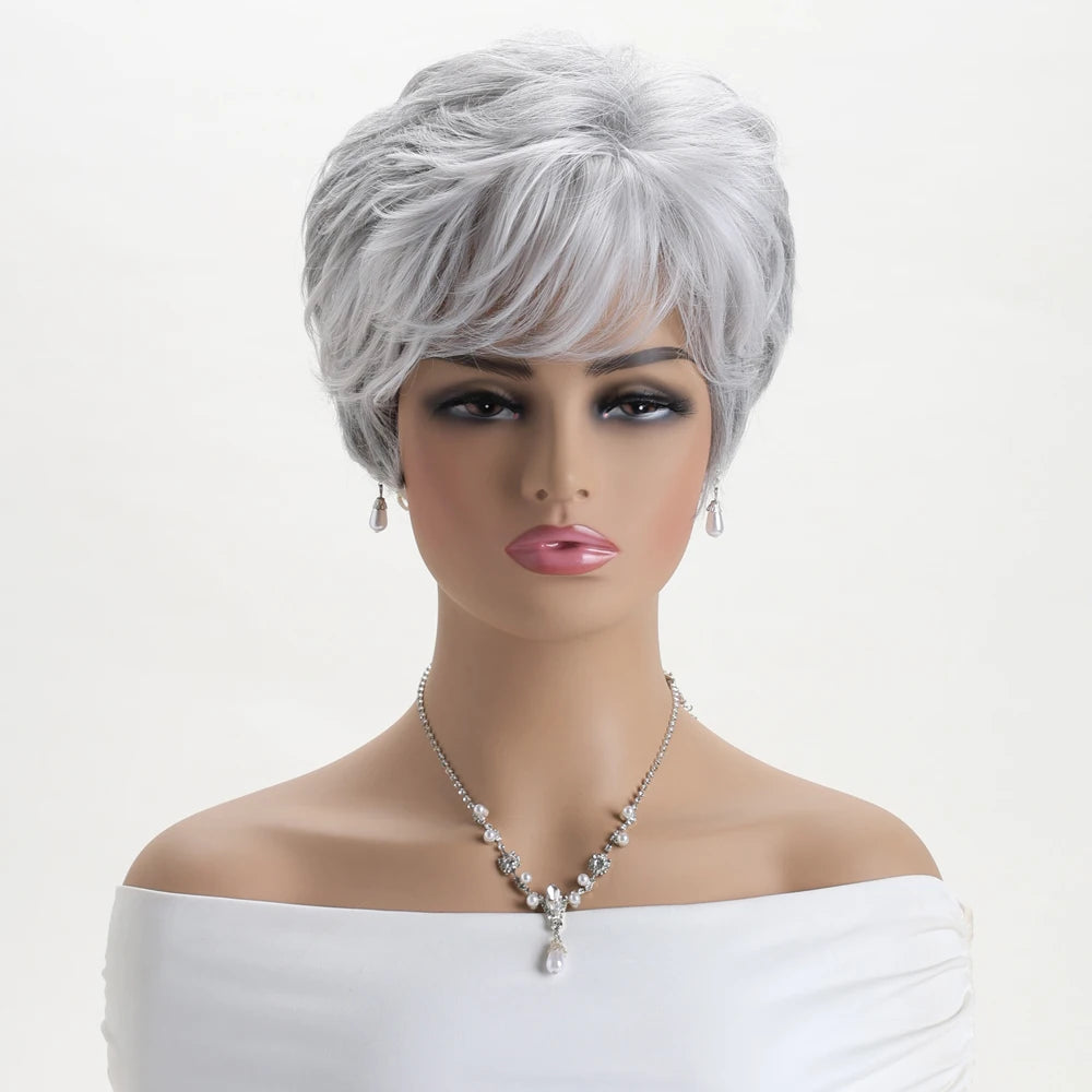 Short Natural Wigs with Bangs Soft Mommy Hair Daily Use Short Grey Ombre Curly Synthetic Hair Costume Party Wig for Women