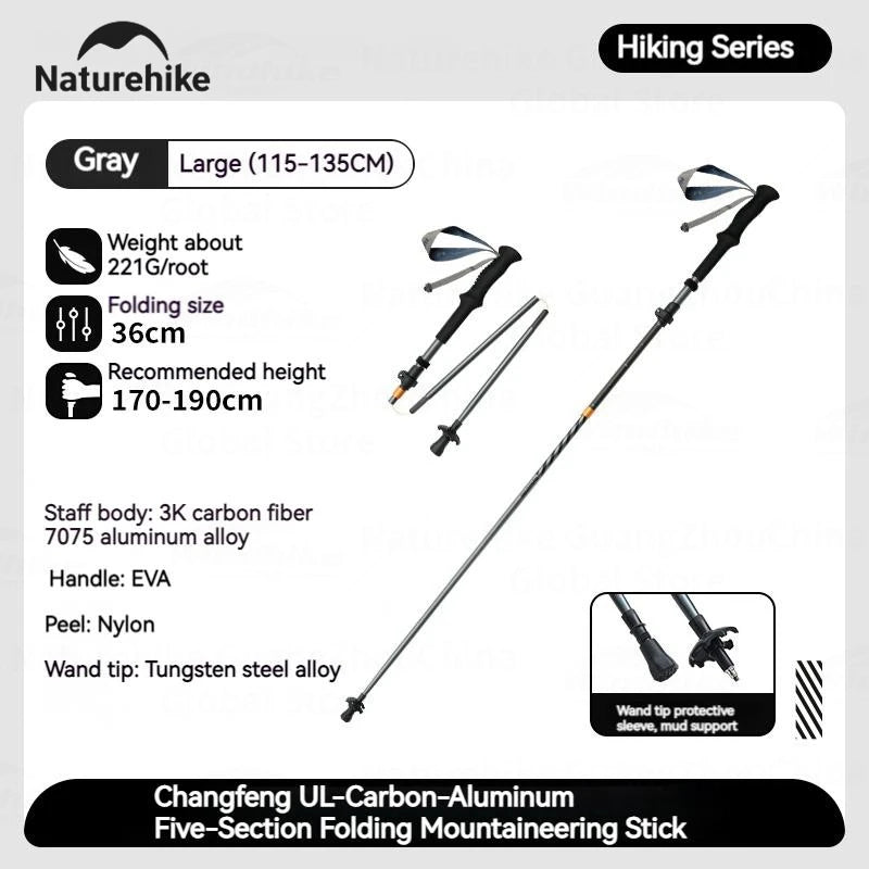 Naturehike 5-Section Walking Stick Pole Carbon Fiber Aluminum Alloy Folding Teleskopic Ultralight Trekking Hiking Canes UL Pro