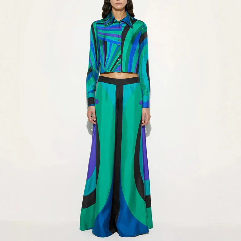 Vintage Geometric Print Satin Elegant Women's Sets Spring Button Polo Neck Shirt & Wide Leg Pants Outfit Long Sleeve Autumn Suit