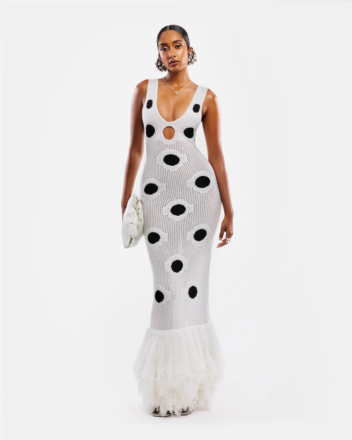 Designed Polka Dot Knitted Long Dress V Neck Hollow Out Fringe Hem Dresses 2025 Summer New Women's Elegant Party Evening Gown