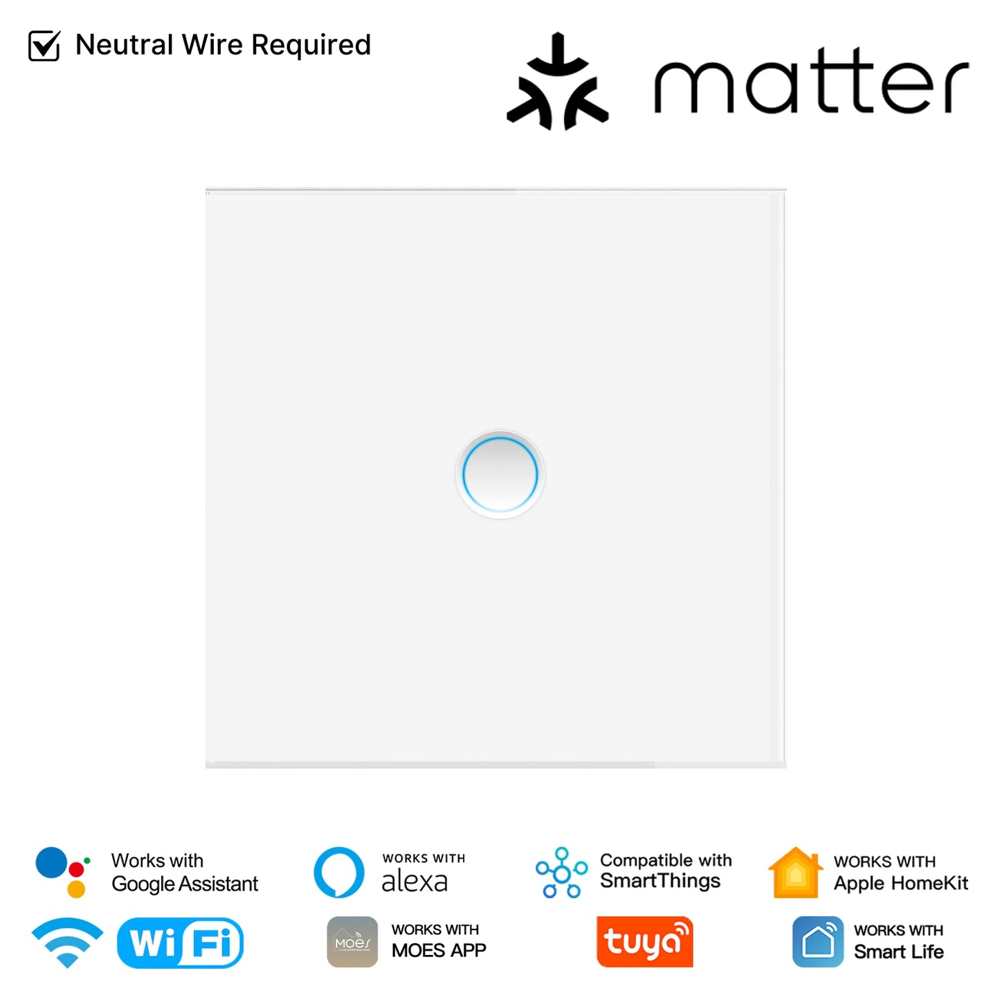 MOES Matter Tuya WiFi Smart Concave Glass Panel Light Switch Neutral Wire Required Compatible with Alexa Google Home SmartThings