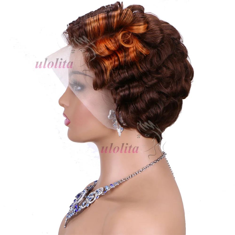 Pixie Cut Wig Short Curly Lace Front Human Hair Wigs For Black Women Raw Indian Finger Wave 13x4 Transparent Lace Frontal Wigs