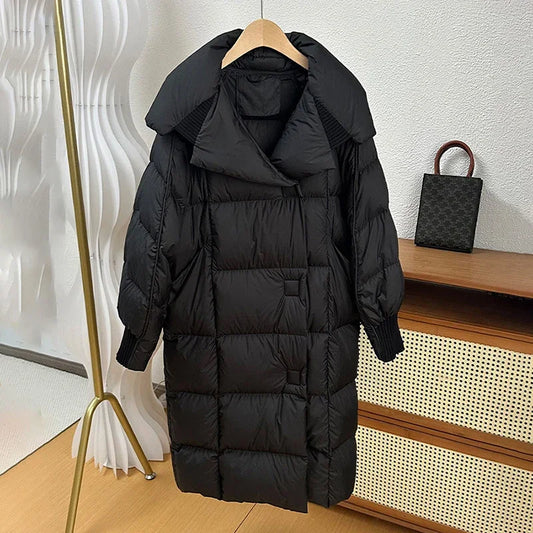Schinteon Women White Duck Down Long Jacket Autumn Winter Warm Casual Over Size Loose Outwear Soft Comfortable Fashion Coat New