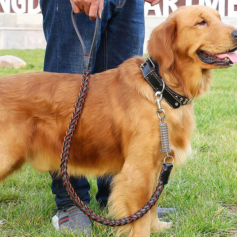 Strong Durable Real Leather Large Dog Leash with No Pull Buffer Spring Leather Braided Dog Training Leash Pet Leads Dog Chain