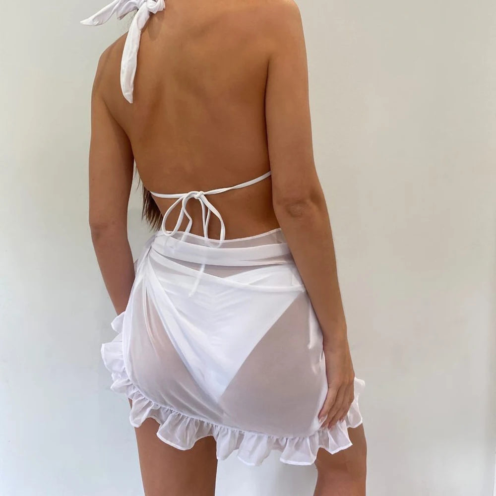 New Women Mesh Wrap Skirts Bikini Cover-Ups Ruffle Kaftan Sarong Sexy Beach Skirt Cover-Ups 9 Color