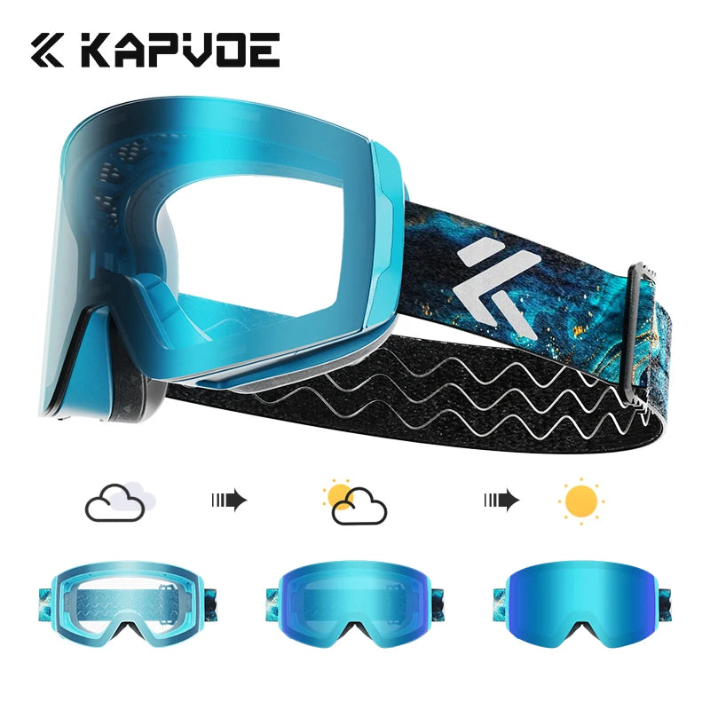 KAPVOE New Outdoor Photochromic Ski Goggles Winter Snow Sports for Unisex Snow Glasses UV400 Anti-fog Magnetic Snowboard Glasses