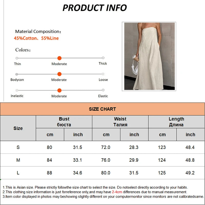 Minimalist Cotton Linen Design Strapless Dress Summer Women's Personal Street Elastic Backless Pocket Vacation Beach Dress