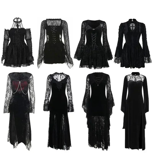 Halloween Gothic Grunge Punk Women Dress Long Sleeve Lace Slim Black Dresses 2025 New Y2K Harajuku Lolita Fairy Core Party Dress
