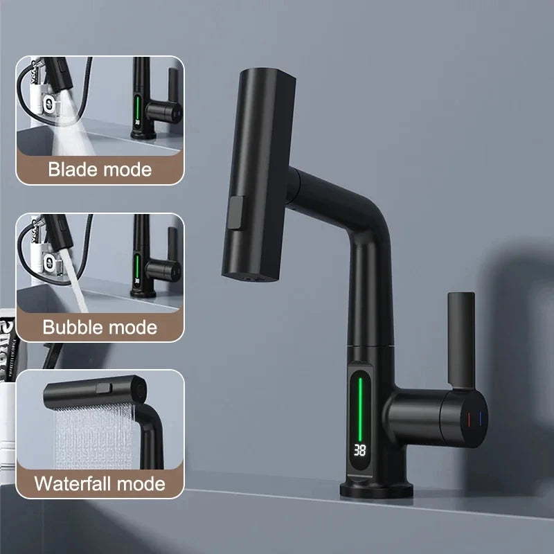 Waterfall Temperature Digital Display Basin Faucet Lift Up Down Stream Sprayer Hot Cold Water Sink Mixer Wash Tap For Bathroom