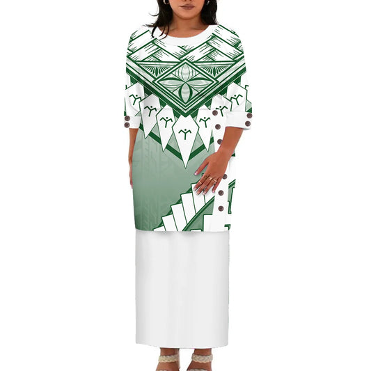 Hawaii Style Design Big Size Ladies Long Dress Custom Polynesian Puletasi Ptaha Dress O Neck Prom Clothes 2 Piece Outfits Sets