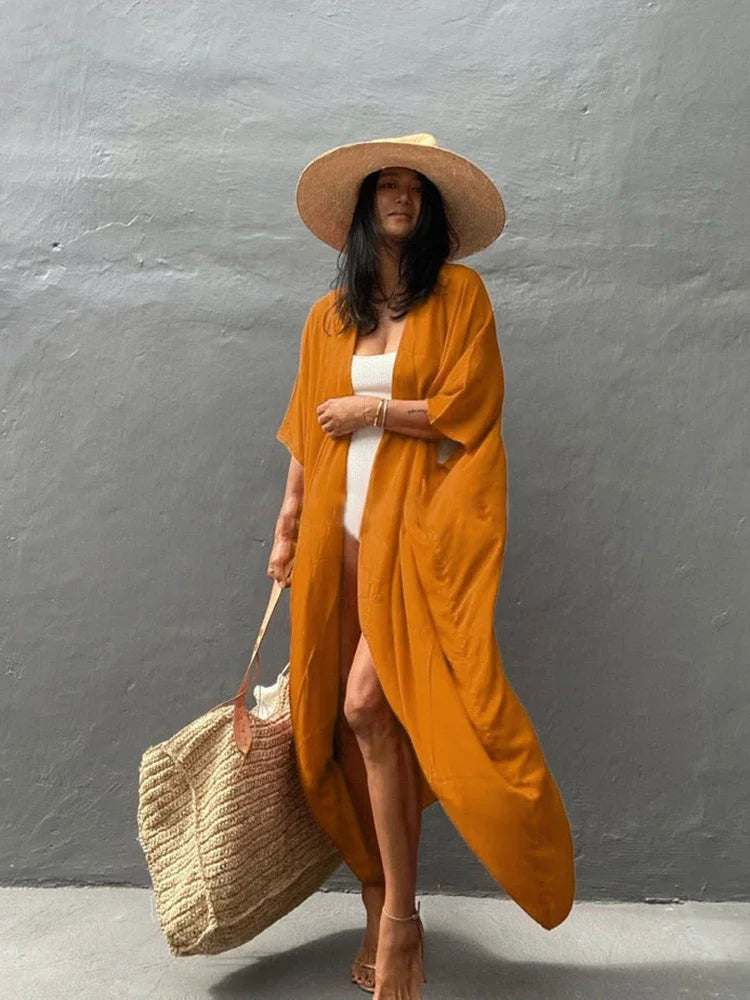 New Boho Beach Kimono Swimwear Women Cotton Holiday Summer Women's Tunic Beachwear Outfits Solid Oversize Cover-Ups