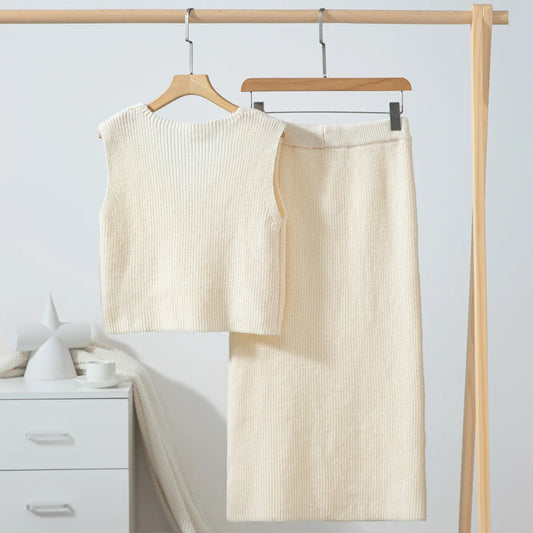 Two Piece Set Women Outfit Spring New Three-Dimensional Flower Decor V-Neck Sleeveless Knitted Vest & High Waist Skirt Set