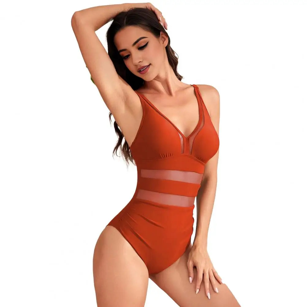 Hollow Mesh Splicing Monokini Swimsuit Stylish Women's Mesh Splicing One-piece Swimsuit Tummy Control V-neck Monokinis Beachwear
