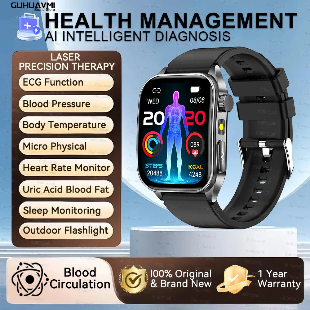 2025 New Mcro Phsical Examination 650nm Laser Therapy ECG Urci Acid Blood Fat Smart Watch Men Blood Pressure Heart Rate Bracelet