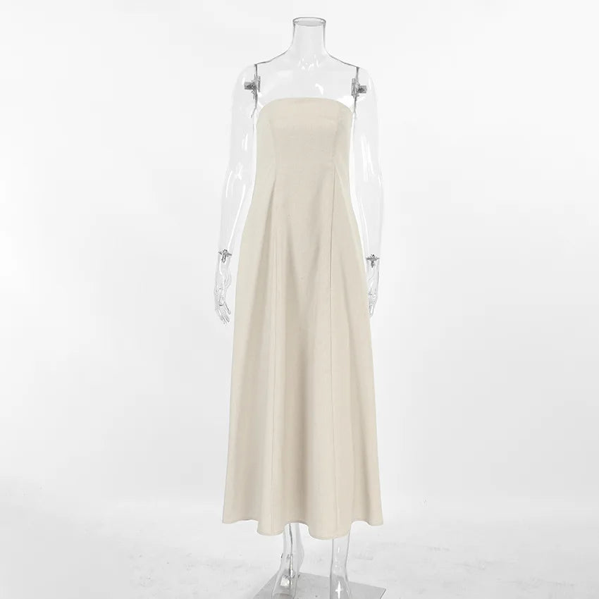 Minimalist Cotton Linen Design Strapless Dress Summer Women's Personal Street Elastic Backless Pocket Vacation Beach Dress