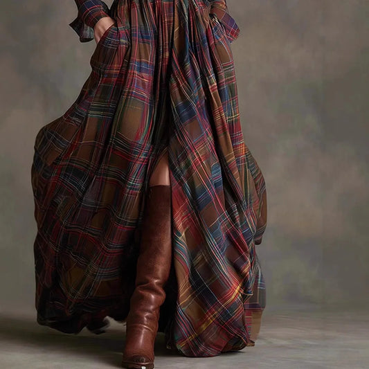 European American Women's Shirt Maxi Dress Autumn Casual Long Sleeve Button Pocket Plaid Print Lapel Retro Long Dress Vestidos