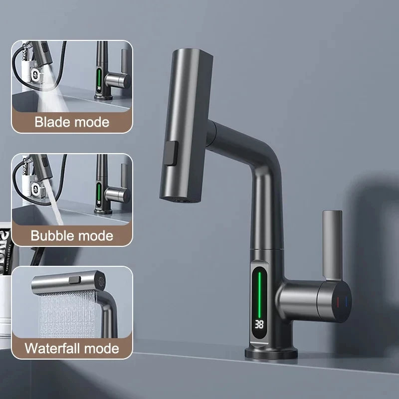 Waterfall Temperature Digital Display Basin Faucet Lift Up Down Stream Sprayer Hot Cold Water Sink Mixer Wash Tap For Bathroom