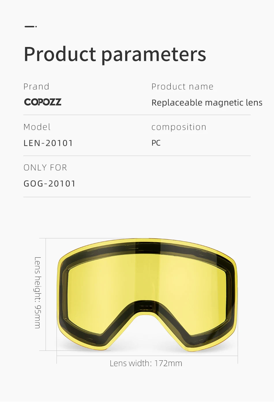 Replacement Ski Goggles Lenses Lens For COPOZZ Model-20101 Anti-fog UV400 Ski Glasses Snowboard Eyewear Lenses (Lens Only)