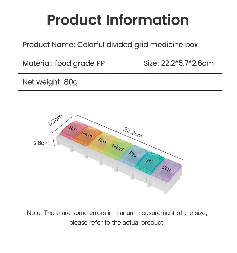 7 Days Weekly Pillbox Tablet Holder Medicine Storage Case Drug Container Pill Box Tablet Storage Box Organizer 7 Cells Pill Case