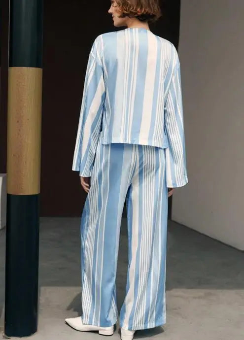 Two Piece Set Women Outfit Spring Autumn New Temperament Striped Long Sleeved Lace Up Shirt & Casual Straight Leg Pants Set