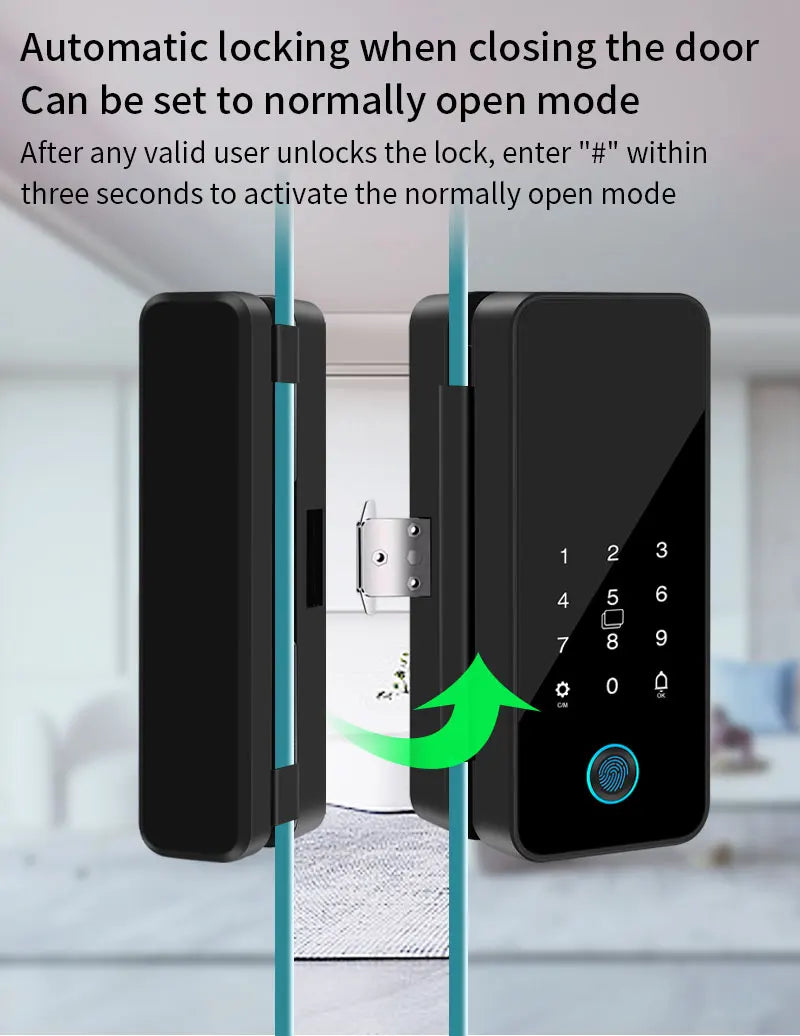 Tuya APP Glass Door Fingerprint Lock Bluetooth Smart Biometric Electronic Office Glass Door Lock 13.56Mhz RFID IC Keyless Unlock