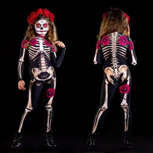 Girls Rose Skeleton Costume Ghost Bride Jumpsuit Halloween Printed Skeleton Dress Up Costume Ladies Scary Cosplay Costume