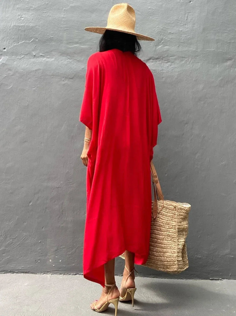 New Boho Beach Kimono Swimwear Women Cotton Holiday Summer Women's Tunic Beachwear Outfits Solid Oversize Cover-Ups