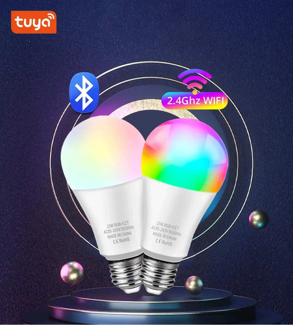 Tuya WiFi Bluetooth E27 Smart Bulb RGBCW 100-240V 15W LED Lamp E27 Light Bulbs App Voice Control Support Alexa Google Home Alice