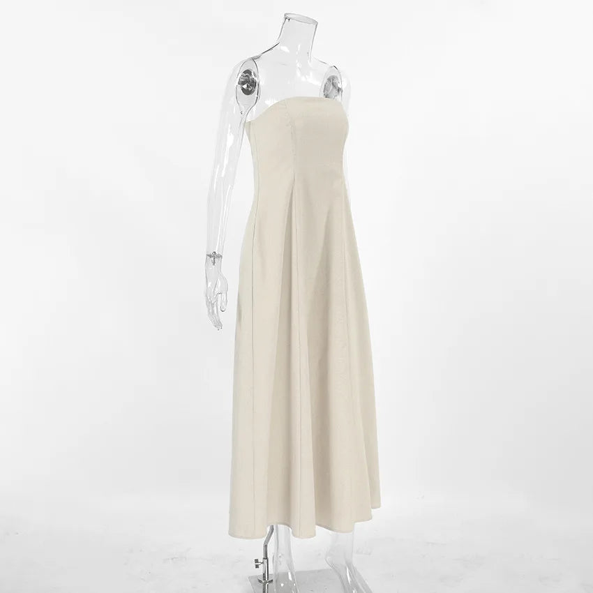 Minimalist Cotton Linen Design Strapless Dress Summer Women's Personal Street Elastic Backless Pocket Vacation Beach Dress