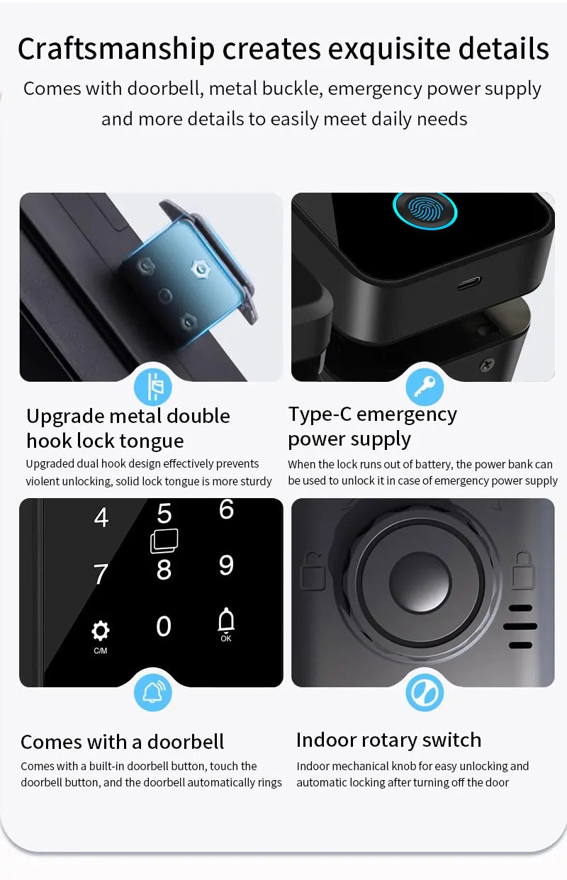 Tuya APP Glass Door Fingerprint Lock Bluetooth Smart Biometric Electronic Office Glass Door Lock 13.56Mhz RFID IC Keyless Unlock