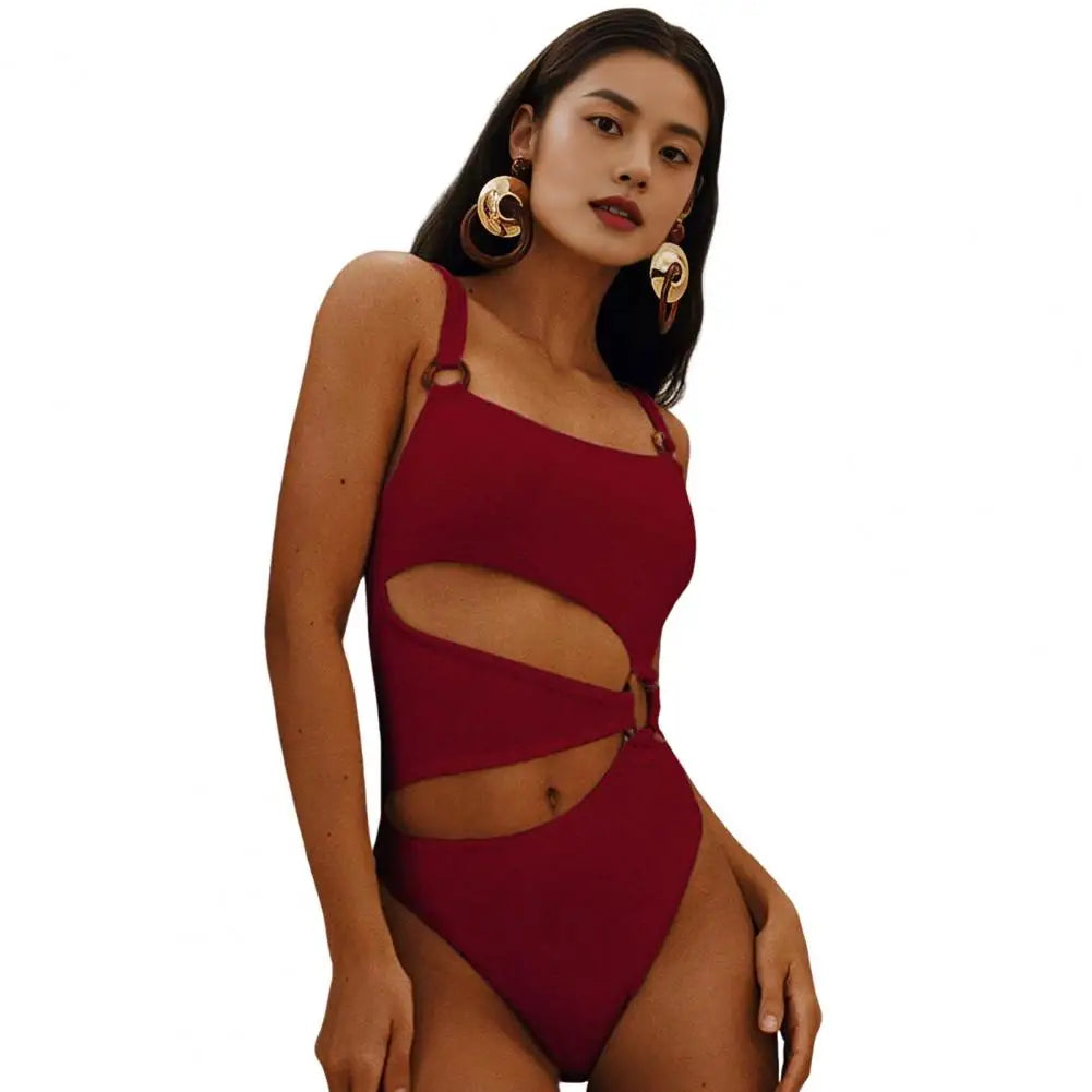 One-piece Women's Swimsuit Solid Color Square Neck Women's Bikini With Padded Elegant Hollow Design Beach Vacation Swimwear