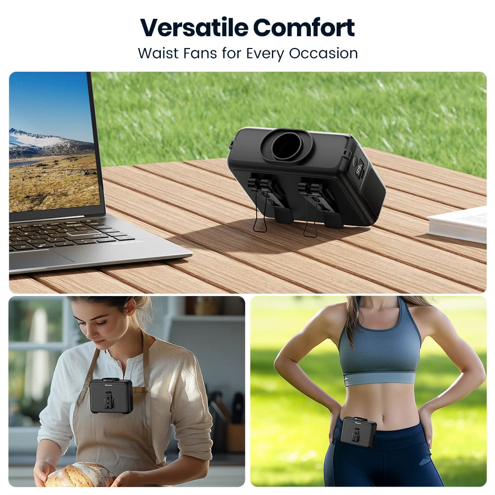 Warmco 20000mAh Portable Neck Waist Fan 72H Battery 4Speeds 15000RPM Clip On Wearable Belt Cooling Fan LED Flashlight Power Bank