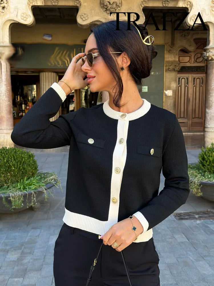 TRAFZA Autumn Fashion Women Sweater Coats Solid O-Neck Long Sleeves Pockets Buttons Single Breasted Female Casual Knitted Coat