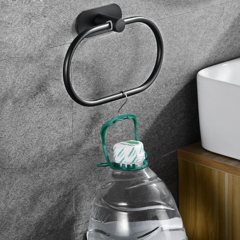 Stainless Steel Towel Holder Self-adhesive Bathroom Towels Rack Black Washhand Hanger Ring Rail Bar Kitchen Storage Accessories